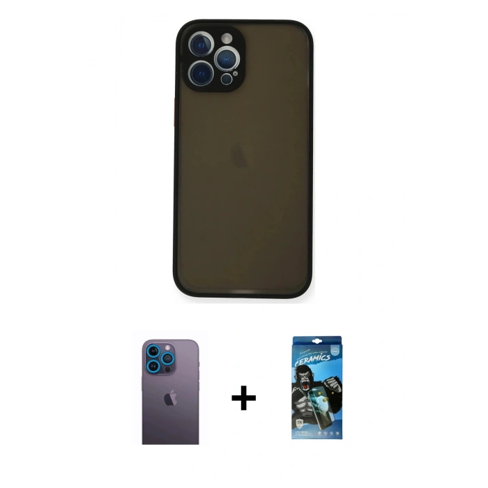 MARSİLYAN™- iPhone 12 Pro Max Kılıf Ahenk Çizgi Serisi - Siyah 34D Izgaralı Cam + Neon Fosforlu Kamera Lens - MI