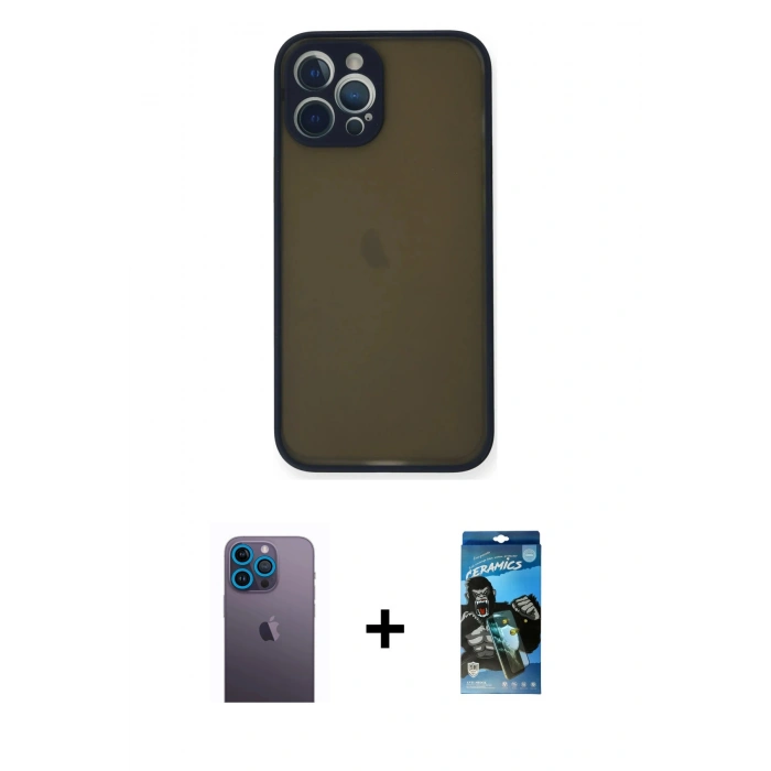 MARSİLYAN™- iPhone 12 Pro Max Kılıf Ahenk Çizgi Serisi - Siyah 34D Izgaralı Cam + Neon Fosforlu Kamera Lens - MI