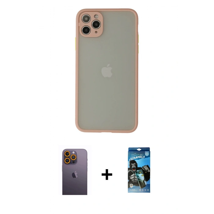 MARSİLYAN™- iPhone 12 Pro Max Kılıf Ahenk Çizgi Serisi - Siyah 34D Izgaralı Cam + Sarı Neon Fosforlu Kamera Lens