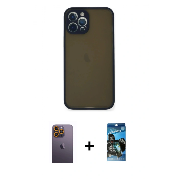 MARSİLYAN™- iPhone 12 Pro Max Kılıf Ahenk Çizgi Serisi - Siyah 34D Izgaralı Cam + Sarı Neon Fosforlu Kamera Lens