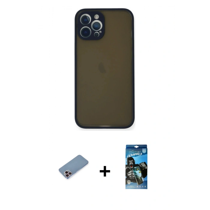 MARSİLYAN™- iPhone 12 Pro Max Kılıf Ahenk Çizgi Serisi - Siyah 34D Izgaralı Cam + Shine Kamera Lens Koruma Cam - PE