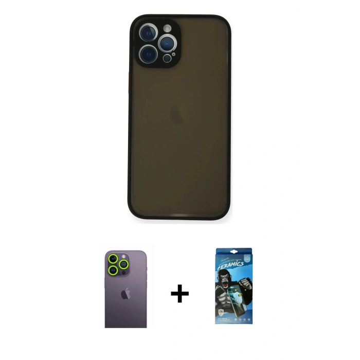 MARSİLYAN™- iPhone 12 Pro Max Kılıf Ahenk Çizgi Serisi - Siyah 34D Izgaralı Cam + Neon Fosforlu Kamera Lens - YL