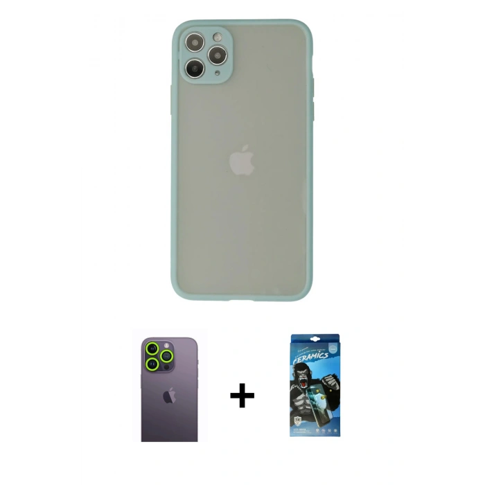 MARSİLYAN™- iPhone 12 Pro Max Kılıf Ahenk Çizgi Serisi - Siyah 34D Izgaralı Cam + Neon Fosforlu Kamera Lens - YL