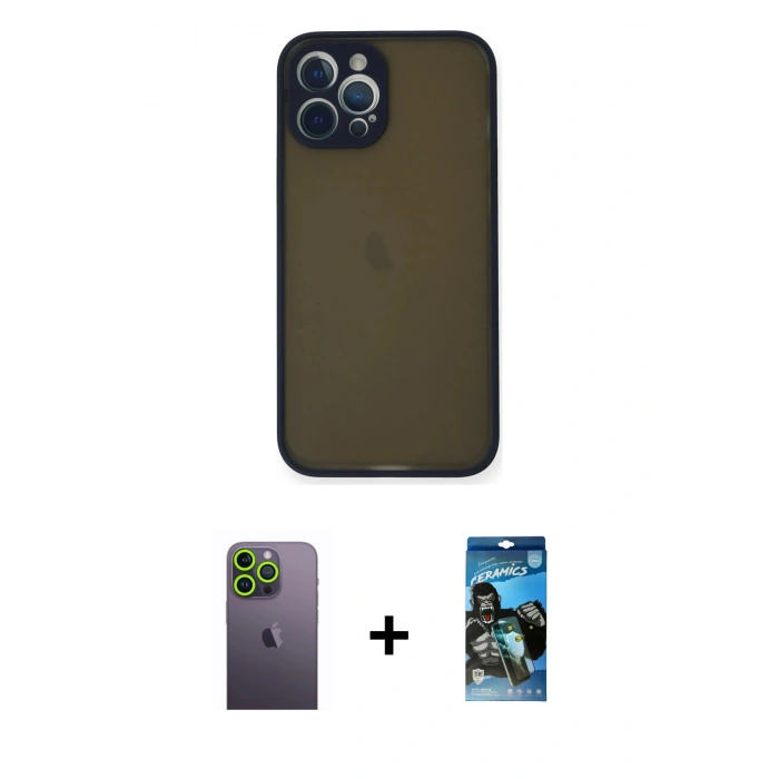 MARSİLYAN™- iPhone 12 Pro Max Kılıf Ahenk Çizgi Serisi - Siyah 34D Izgaralı Cam + Neon Fosforlu Kamera Lens - YL