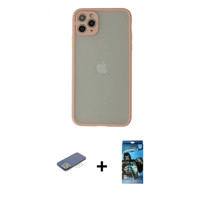 MARSİLYAN™- iPhone 12 Pro Max Kılıf Ahenk Çizgi Serisi - Siyah 34D Izgaralı Cam + Renkli Kamera Lens Koruma Cam - YL