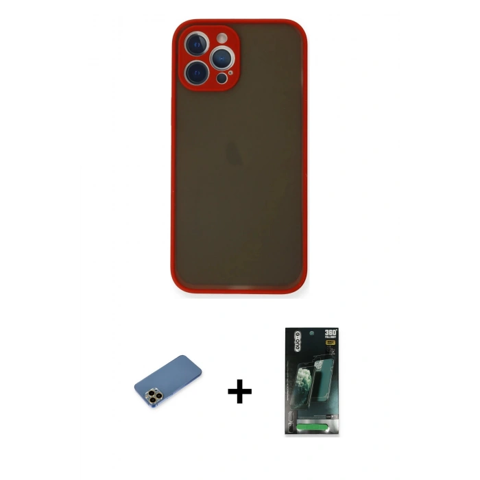 MARSİLYAN™- iPhone 12 Pro Max Kılıf Ahenk Çizgi Serisi - Siyah 360 Mat Full Body Arka Koruyucu + Shine Kamera Lens Koruma Cam - GD