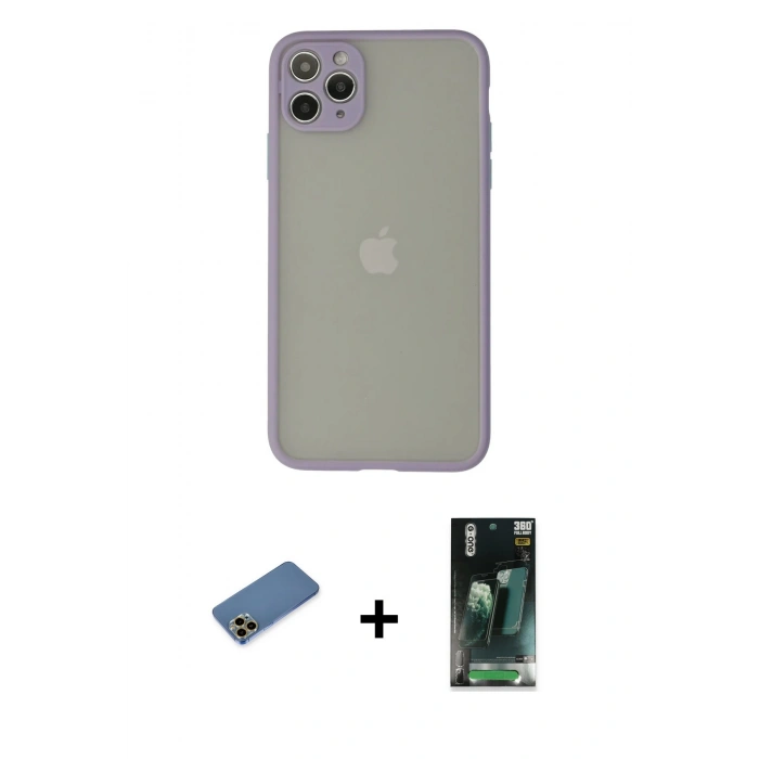 MARSİLYAN™- iPhone 12 Pro Max Kılıf Ahenk Çizgi Serisi - Siyah 360 Mat Full Body Arka Koruyucu + Shine Kamera Lens Koruma Cam - GD