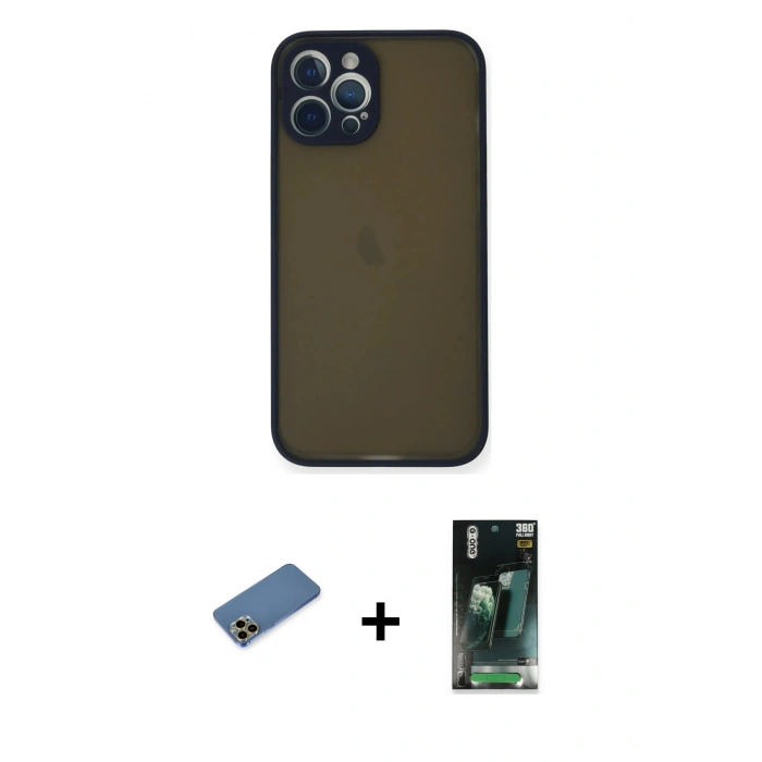 MARSİLYAN™- iPhone 12 Pro Max Kılıf Ahenk Çizgi Serisi - Siyah 360 Mat Full Body Arka Koruyucu + Shine Kamera Lens Koruma Cam - GD