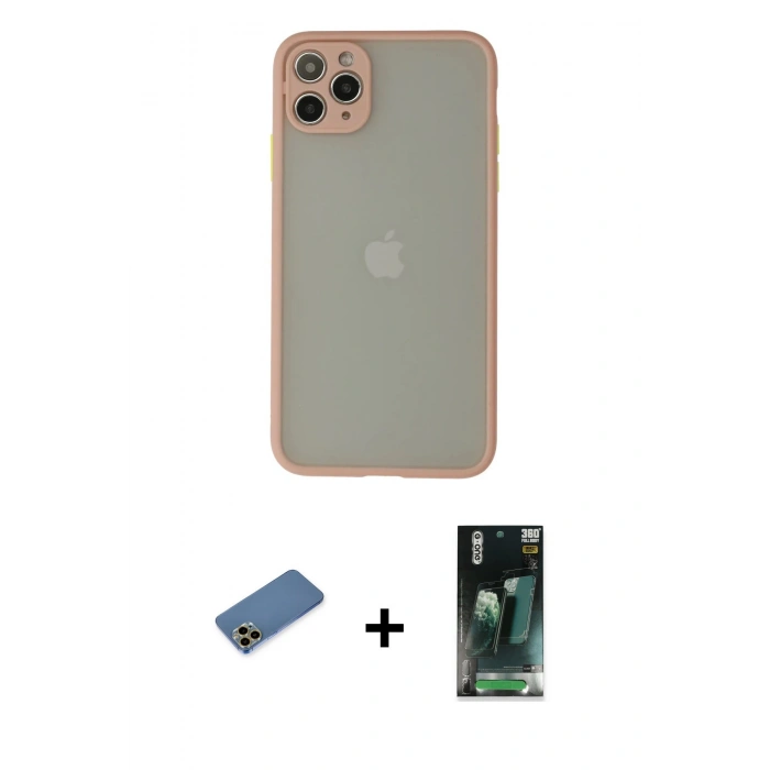 MARSİLYAN™- iPhone 12 Pro Max Kılıf Ahenk Çizgi Serisi - Siyah 360 Mat Full Body Arka Koruyucu + Shine Kamera Lens Koruma Cam - GD