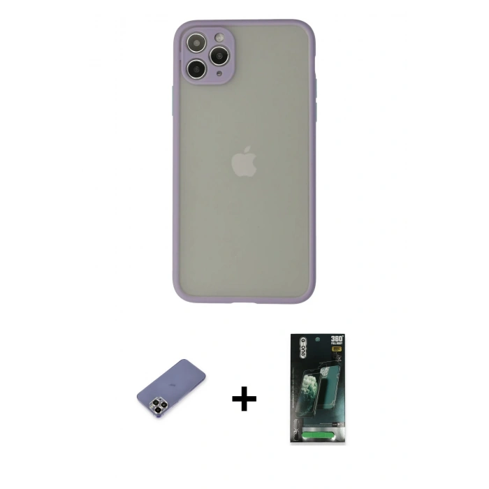 MARSİLYAN™- iPhone 12 Pro Max Kılıf Ahenk Çizgi Serisi - Siyah 360 Mat Full Body Arka Koruyucu + Metal Kamera Lens Koruma Cam - GD