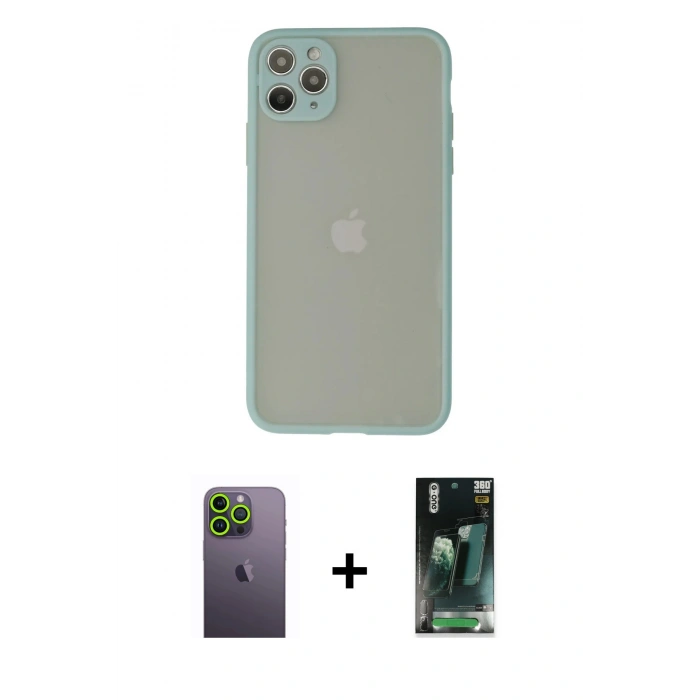 MARSİLYAN™- iPhone 12 Pro Max Kılıf Ahenk Çizgi Serisi - Siyah 360 Mat Full Body Arka Koruyucu + Neon Fosforlu Kamera Lens - YL