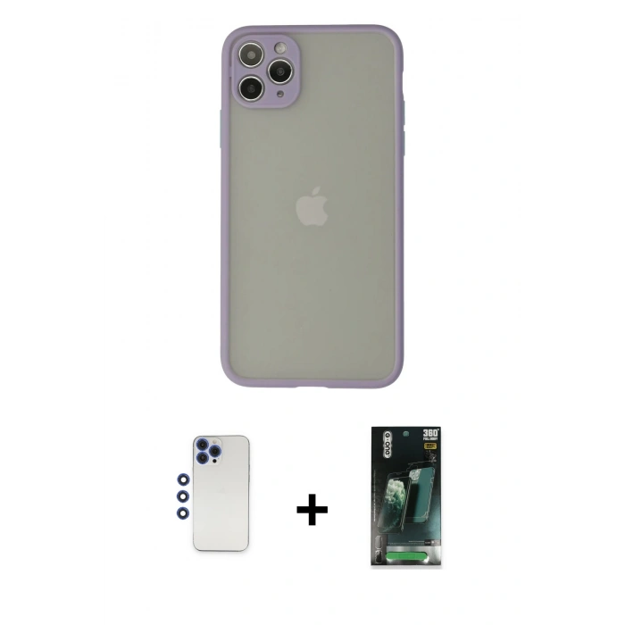 MARSİLYAN™- iPhone 12 Pro Max Kılıf Ahenk Çizgi Serisi - Siyah 360 Mat Full Body Arka Koruyucu + Shine Kamera Lens - LT