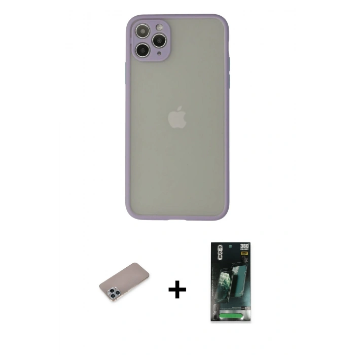 MARSİLYAN™- iPhone 12 Pro Max Kılıf Ahenk Çizgi Serisi - Siyah 360 Mat Full Body Arka Koruyucu + Sierra Blue Shine Kamera Lens Koruma Cam