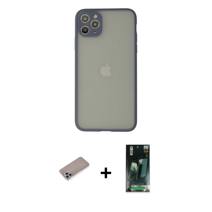 MARSİLYAN™- iPhone 12 Pro Max Kılıf Ahenk Çizgi Serisi - Siyah 360 Mat Full Body Arka Koruyucu + Sierra Blue Shine Kamera Lens Koruma Cam