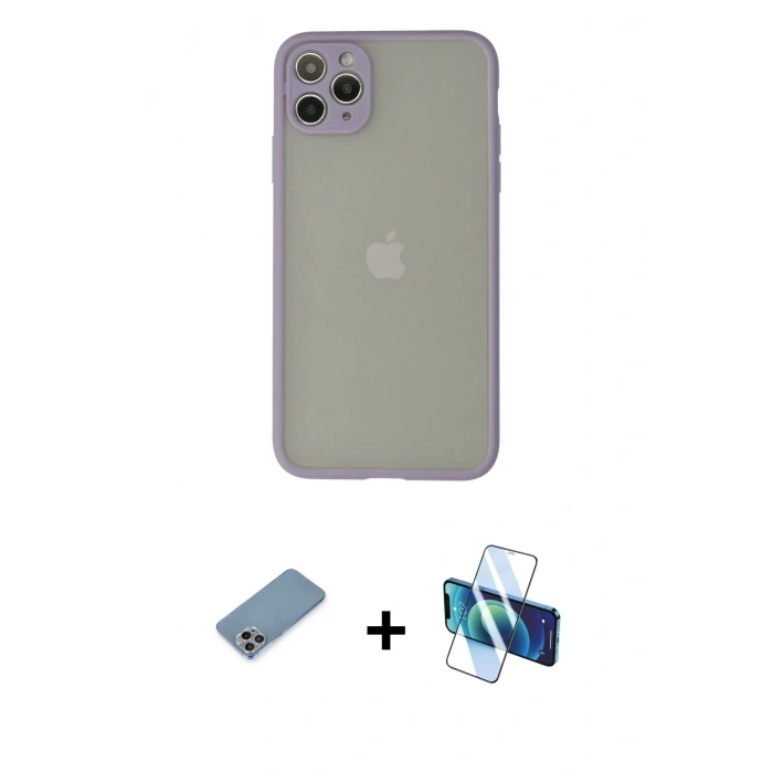 MARSİLYAN™- iPhone 12 Pro Max Kılıf Ahenk Çizgi Serisi - Siyah 3D Antistatik Cam Ekran Koruyucu + Shine Kamera Lens Koruma Cam - GI