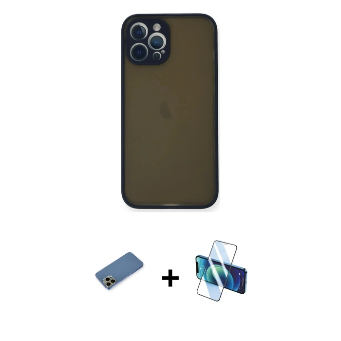 MARSİLYAN™- iPhone 12 Pro Max Kılıf Ahenk Çizgi Serisi - Siyah 3D Antistatik Cam Ekran Koruyucu + Shine Kamera Lens Koruma Cam - GD