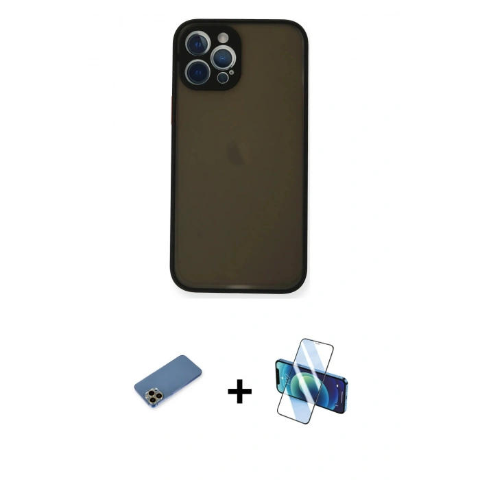 MARSİLYAN™- iPhone 12 Pro Max Kılıf Ahenk Çizgi Serisi - Siyah 3D Antistatik Cam Ekran Koruyucu + Shine Kamera Lens Koruma Cam - GD