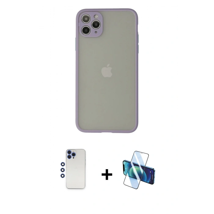 MARSİLYAN™- iPhone 12 Pro Max Kılıf Ahenk Çizgi Serisi - Siyah 3D Antistatik Cam Ekran Koruyucu + Shine Kamera Lens - LT