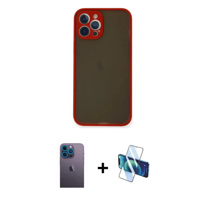 MARSİLYAN™- iPhone 12 Pro Max Kılıf Ahenk Çizgi Serisi - Siyah 3D Antistatik Cam Ekran Koruyucu + Neon Fosforlu Kamera Lens - MI