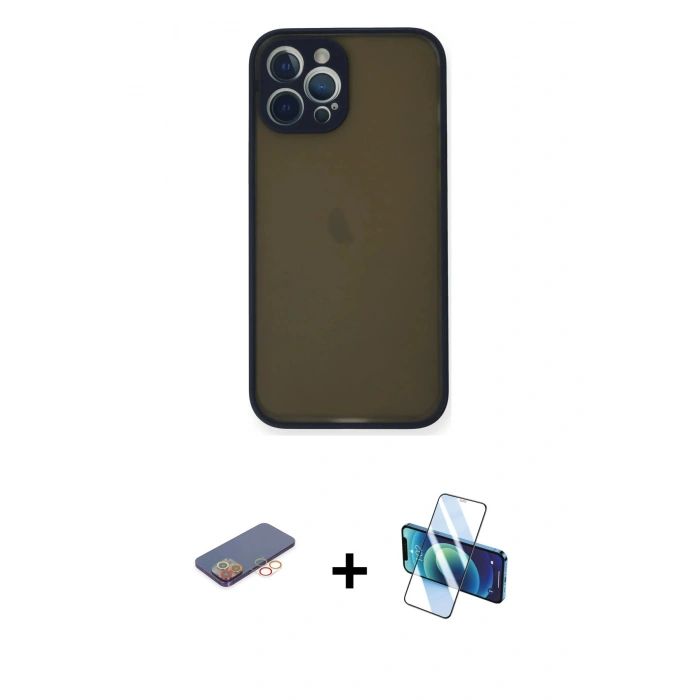 MARSİLYAN™- iPhone 12 Pro Max Kılıf Ahenk Çizgi Serisi - Siyah 3D Antistatik Cam Ekran Koruyucu + Renkli Kamera Lens Koruma Cam - TU