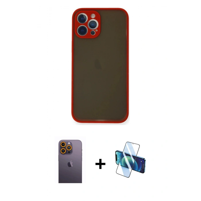MARSİLYAN™- iPhone 12 Pro Max Kılıf Ahenk Çizgi Serisi - Siyah 3D Antistatik Cam Ekran Koruyucu + Neon Fosforlu Kamera Lens - SI