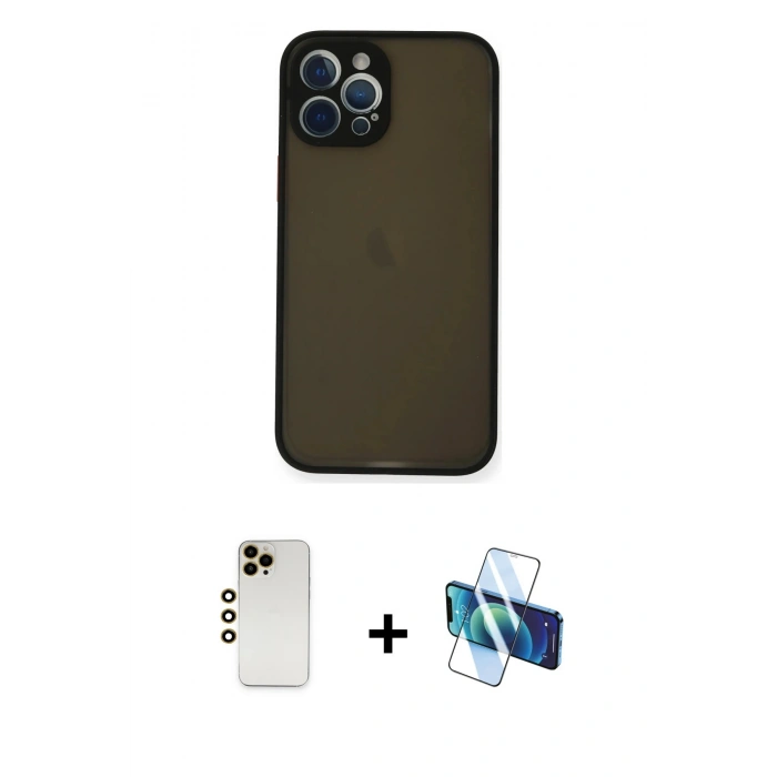 MARSİLYAN™- iPhone 12 Pro Max Kılıf Ahenk Çizgi Serisi - Siyah 3D Antistatik Cam Ekran Koruyucu + Shine Kamera Lens - GD