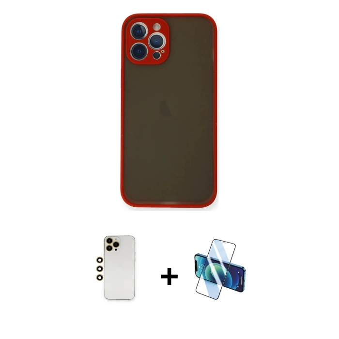 MARSİLYAN™- iPhone 12 Pro Max Kılıf Ahenk Çizgi Serisi - Siyah 3D Antistatik Cam Ekran Koruyucu + Shine Kamera Lens - GD