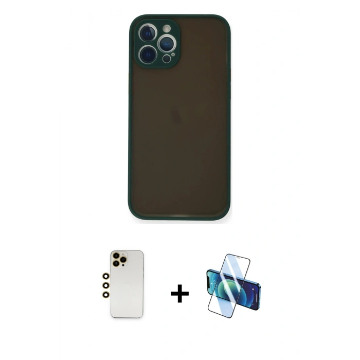 MARSİLYAN™- iPhone 12 Pro Max Kılıf Ahenk Çizgi Serisi - Siyah 3D Antistatik Cam Ekran Koruyucu + Shine Kamera Lens - GD