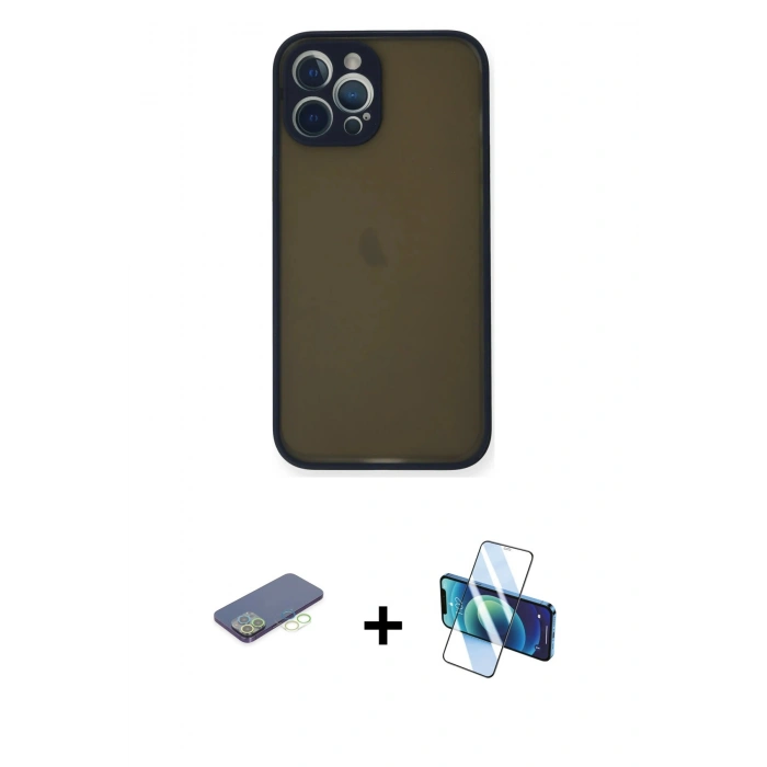 MARSİLYAN™- iPhone 12 Pro Max Kılıf Ahenk Çizgi Serisi - Siyah 3D Antistatik Cam Ekran Koruyucu + Renkli Kamera Lens Koruma Cam - YL