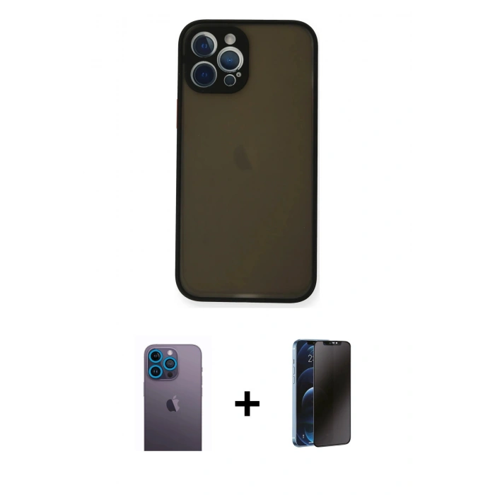 MARSİLYAN™- iPhone 12 Pro Max Kılıf Ahenk Çizgi Serisi - Siyah 3D Antistatik Hayalet Cam Ekran Koruyucu + Neon Fosforlu Kamera Lens - MI