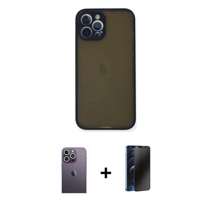 MARSİLYAN™- iPhone 12 Pro Max Kılıf Ahenk Çizgi Serisi - Siyah 3D Antistatik Hayalet Cam Ekran Koruyucu + Neon Fosforlu Kamera Lens - BZ
