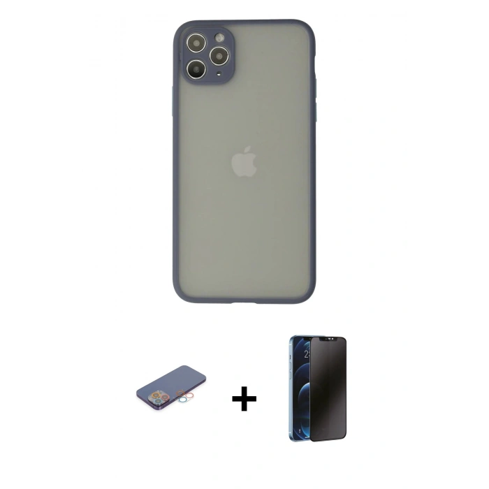 MARSİLYAN™- iPhone 12 Pro Max Kılıf Ahenk Çizgi Serisi - Siyah 3D Antistatik Hayalet Cam Ekran Koruyucu + Renkli Kamera Lens Koruma Cam - PE