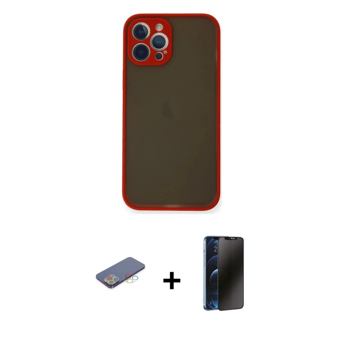 MARSİLYAN™- iPhone 12 Pro Max Kılıf Ahenk Çizgi Serisi - Siyah 3D Antistatik Hayalet Cam Ekran Koruyucu + Renkli Kamera Lens Koruma Cam - MI