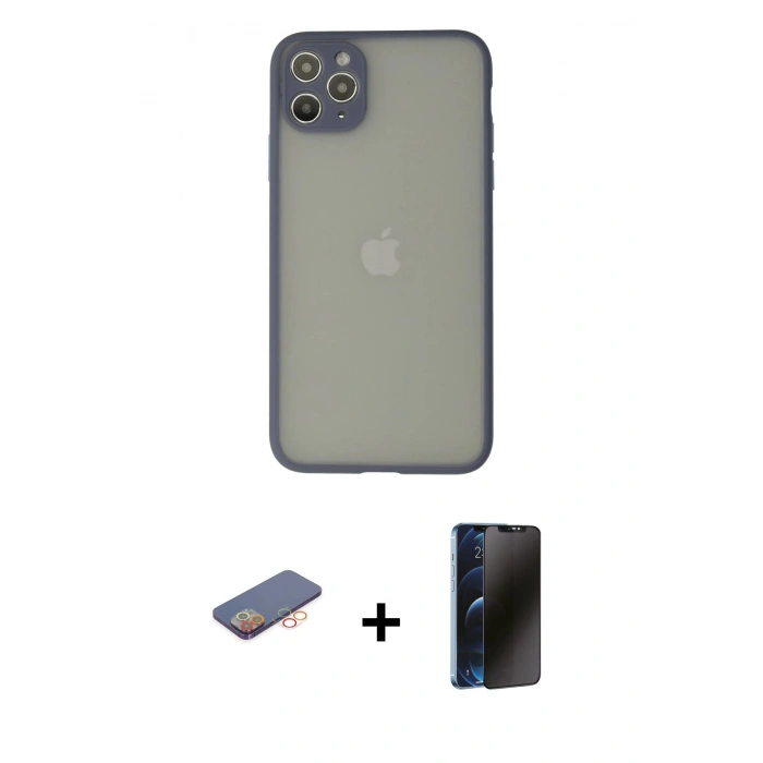 MARSİLYAN™- iPhone 12 Pro Max Kılıf Ahenk Çizgi Serisi - Siyah 3D Antistatik Hayalet Cam Ekran Koruyucu + Turuncu Renkli Kamera Lens Koruma Cam