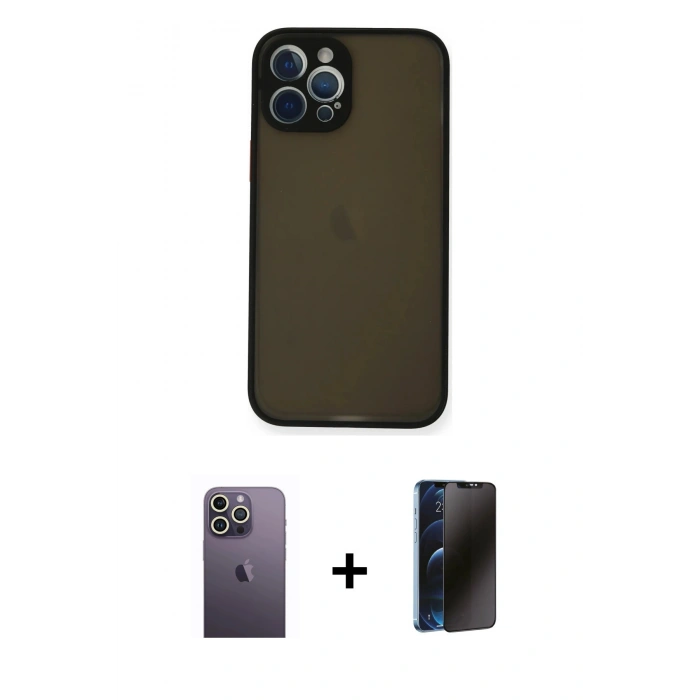 MARSİLYAN™- iPhone 12 Pro Max Kılıf Ahenk Çizgi Serisi - Siyah 3D Antistatik Hayalet Cam Ekran Koruyucu + Neon Fosforlu Kamera Lens - BZ