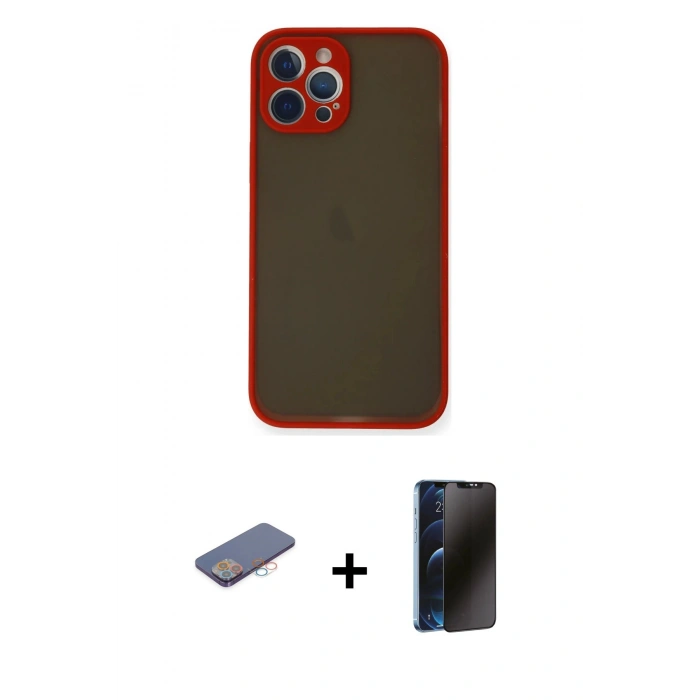 MARSİLYAN™- iPhone 12 Pro Max Kılıf Ahenk Çizgi Serisi - Siyah 3D Antistatik Hayalet Cam Ekran Koruyucu + Renkli Kamera Lens Koruma Cam - PE