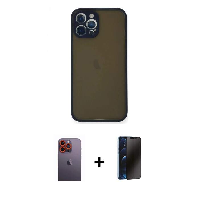 MARSİLYAN™- iPhone 12 Pro Max Kılıf Ahenk Çizgi Serisi - Siyah 3D Antistatik Hayalet Cam Ekran Koruyucu + Neon Fosforlu Kamera Lens - TU