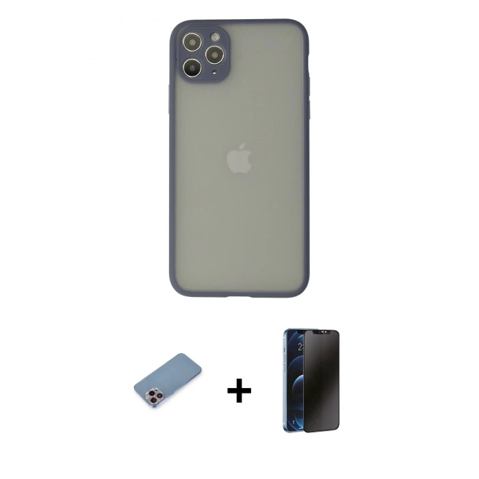MARSİLYAN™- iPhone 12 Pro Max Kılıf Ahenk Çizgi Serisi - Siyah 3D Antistatik Hayalet Cam Ekran Koruyucu + Shine Kamera Lens Koruma Cam - PE