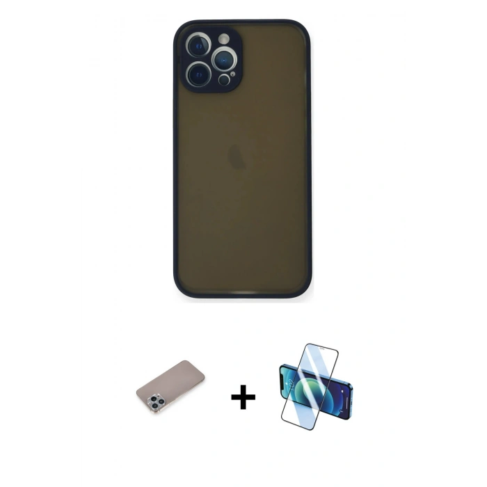 MARSİLYAN™- iPhone 12 Pro Max Kılıf Ahenk Çizgi Serisi - Siyah 3D Antistatik Seramik Nano Ekran Koruyucu + Shine Kamera Lens Koruma Cam - SABE