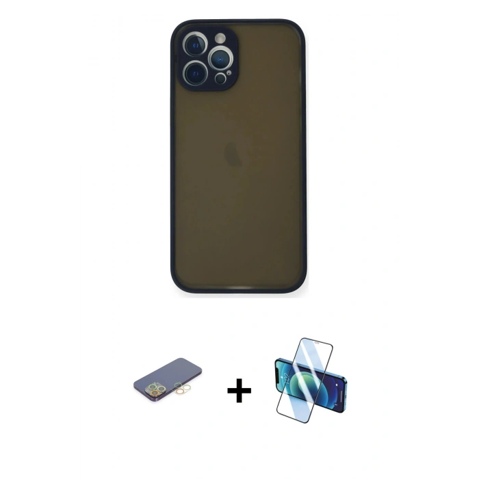 MARSİLYAN™- iPhone 12 Pro Max Kılıf Ahenk Çizgi Serisi - Siyah 3D Antistatik Seramik Nano Ekran Koruyucu + Renkli Kamera Lens Koruma Cam - SI