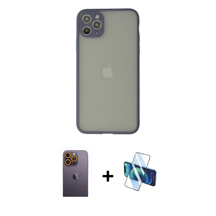MARSİLYAN™- iPhone 12 Pro Max Kılıf Ahenk Çizgi Serisi - Siyah 3D Antistatik Seramik Nano Ekran Koruyucu + Neon Fosforlu Kamera Lens - SI