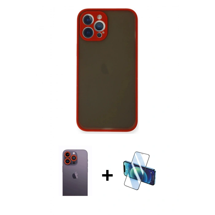 MARSİLYAN™- iPhone 12 Pro Max Kılıf Ahenk Çizgi Serisi - Siyah 3D Antistatik Seramik Nano Ekran Koruyucu + Turuncu Neon Fosforlu Kamera Lens