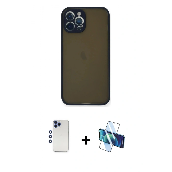 MARSİLYAN™- iPhone 12 Pro Max Kılıf Ahenk Çizgi Serisi - Siyah 3D Antistatik Seramik Nano Ekran Koruyucu + Shine Kamera Lens - LT