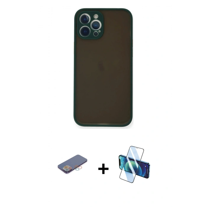 MARSİLYAN™- iPhone 12 Pro Max Kılıf Ahenk Çizgi Serisi - Siyah 3D Antistatik Seramik Nano Ekran Koruyucu + Pembe Renkli Kamera Lens Koruma Cam