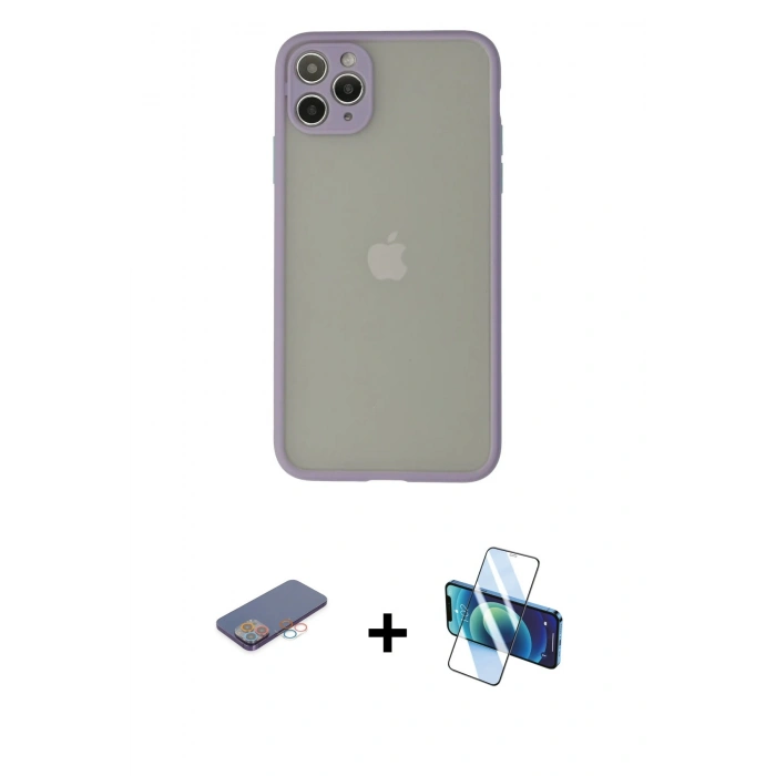 MARSİLYAN™- iPhone 12 Pro Max Kılıf Ahenk Çizgi Serisi - Siyah 3D Antistatik Seramik Nano Ekran Koruyucu + Pembe Renkli Kamera Lens Koruma Cam