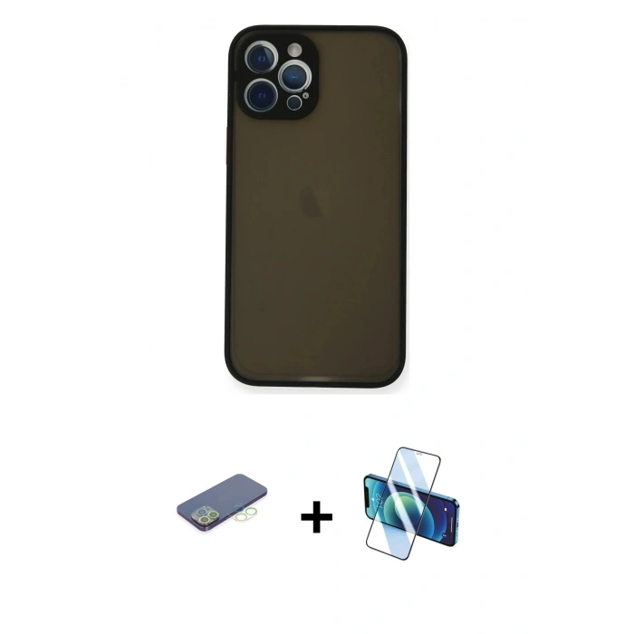 MARSİLYAN™- iPhone 12 Pro Max Kılıf Ahenk Çizgi Serisi - Siyah 3D Antistatik Seramik Nano Ekran Koruyucu + Renkli Kamera Lens Koruma Cam - YL