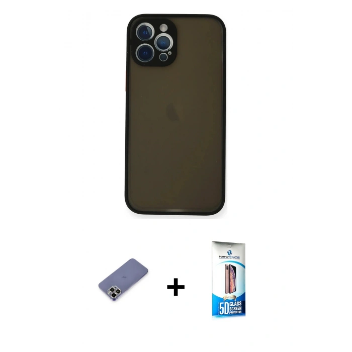 MARSİLYAN™- iPhone 12 Pro Max Kılıf Ahenk Çizgi Serisi - Siyah 5D Eko Cam Ekran Koruyucu + Metal Kamera Lens Koruma Cam - GD