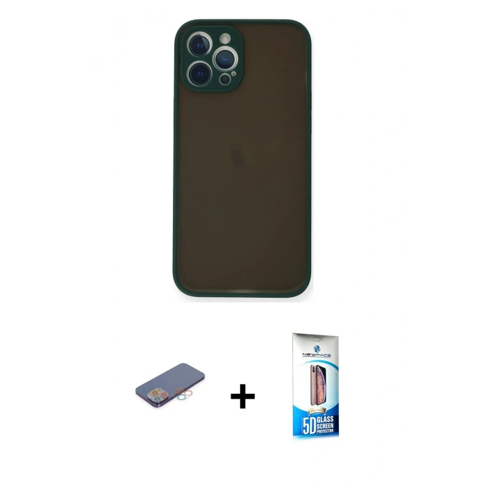 MARSİLYAN™- iPhone 12 Pro Max Kılıf Ahenk Çizgi Serisi - Siyah 5D Eko Cam Ekran Koruyucu + Renkli Kamera Lens Koruma Cam - PE