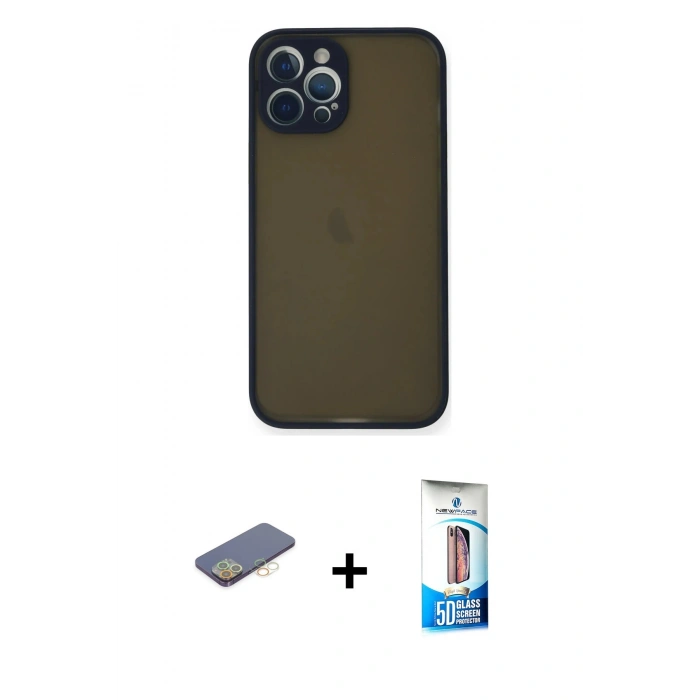 MARSİLYAN™- iPhone 12 Pro Max Kılıf Ahenk Çizgi Serisi - Siyah 5D Eko Cam Ekran Koruyucu + Renkli Kamera Lens Koruma Cam - SI