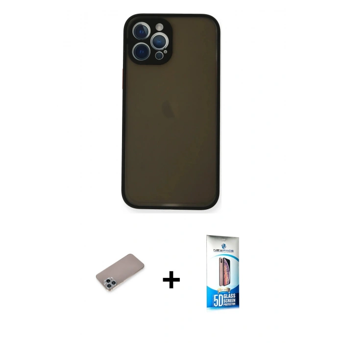 MARSİLYAN™- iPhone 12 Pro Max Kılıf Ahenk Çizgi Serisi - Siyah 5D Eko Cam Ekran Koruyucu + Shine Kamera Lens Koruma Cam - SABE